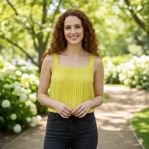 Y2K J Crew Silk Blend Tank Top Women 4 Yellow Square Neck Pleat Pintuck Vacation